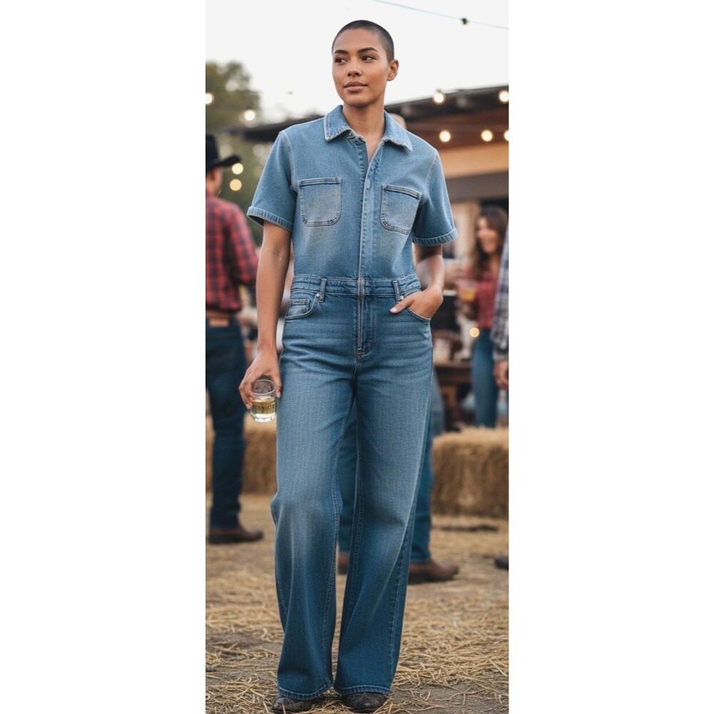 Judy Blue NEW womens premium denim jumpsuit relaxed leg short sleeve Large party